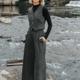 The Palazzo Wool Trousers - Charcoal Herringbone