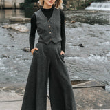 The Palazzo Wool Trousers - Charcoal Herringbone