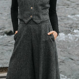 The Palazzo Wool Trousers - Charcoal Herringbone