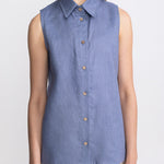 Bârsana French linen shirt blue – collar and coconut button close-up, handmade in Transylvania, De IONESCU