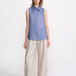 De IONESCU Bârsana blue linen sleeveless shirt – 160 gsm French linen, handmade in Romania
