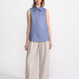 De IONESCU Bârsana blue linen sleeveless shirt – 160 gsm French linen, handmade in Romania
