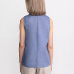 Back view Bârsana sleeveless French linen shirt blue – fitted silhouette, handmade in Transylvania, De IONESCU