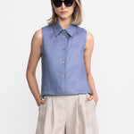 Bârsana sleeveless linen shirt blue – classic collar and coconut button detail, De IONESCU, made in Romania