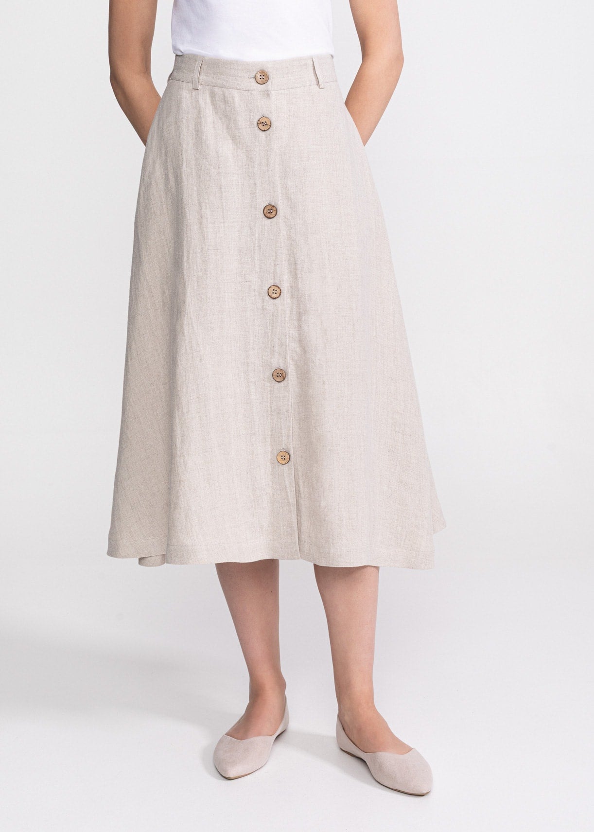 De IONESCU midi hemp skirt natural – A-line high waist, coconut buttons, Ukrainian hemp, handmade in Transylvania