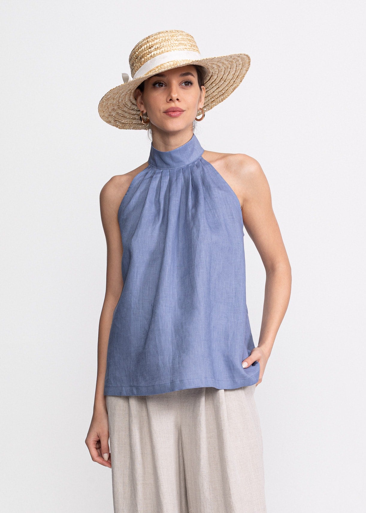 De IONESCU Top Tismana albastru prăfuit din in francez 160 gsm – siluetă A relaxată, croît manual în România