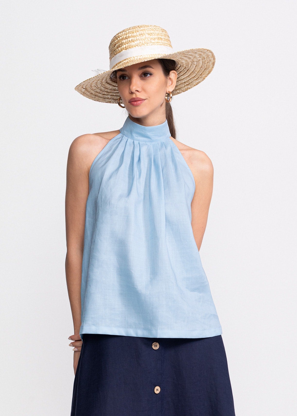 De IONESCU Top Tismana aqua din in francez 160 gsm – siluetă A relaxată, croît manual în România