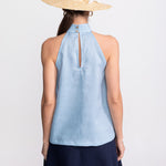 Vedere spate Top Tismana halter aqua – spate deschis cu decupare și nasturi din nucă de cocos, De IONESCU, Transilvania