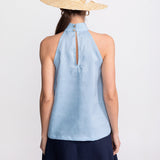 Vedere spate Top Tismana halter aqua – spate deschis cu decupare și nasturi din nucă de cocos, De IONESCU, Transilvania