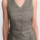 Figa linen suit khaki – V-neck waistcoat coconut buttons cotton lining detail, De IONESCU Romania