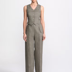 Figa linen suit set women khaki – V-neck waistcoat and high waist trousers, handmade in Transylvania, De IONESCU