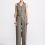 Figa linen suit set women khaki – V-neck waistcoat and high waist trousers, handmade in Transylvania, De IONESCU