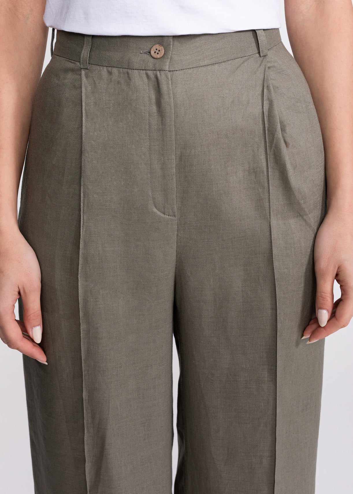 Figa linen trousers khaki – high waist single pleat straight leg, handmade in Transylvania, De IONESCU