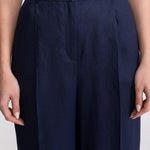 Figa linen trousers navy blue – high waist single pleat straight leg, handmade in Transylvania, De IONESCU