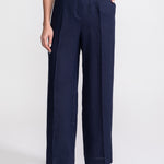Figa linen trousers navy blue – high waist single pleat straight leg, handmade in Transylvania, De IONESCU