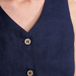 Figa linen suit navy blue – V-neck waistcoat coconut buttons cotton lining detail, De IONESCU Romania