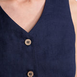 Figa linen suit navy blue – V-neck waistcoat coconut buttons cotton lining detail, De IONESCU Romania