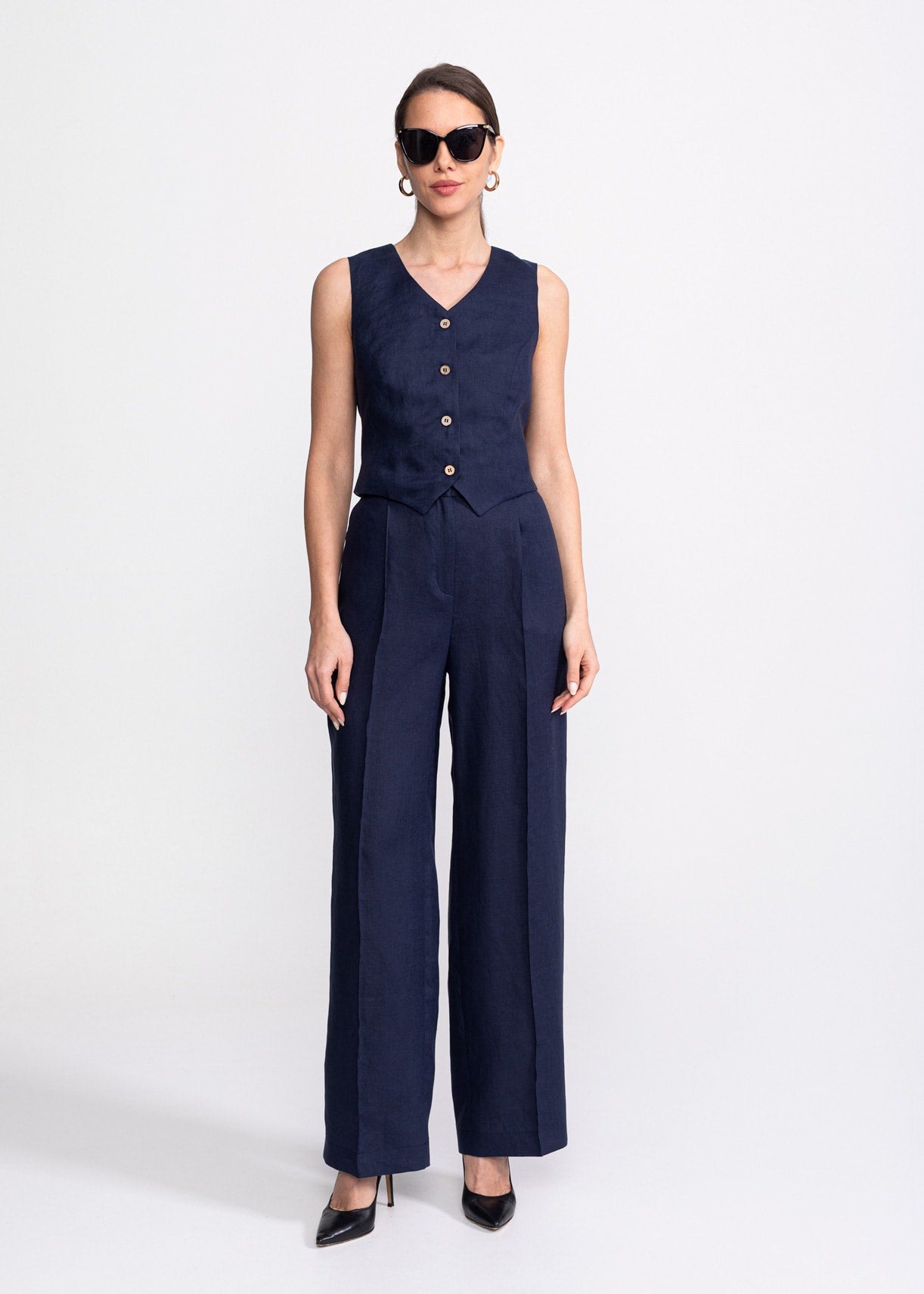 Figa linen suit set women navy blue – V-neck waistcoat and high waist trousers, handmade in Transylvania, De IONESCU