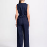 Figa linen suit set women navy blue – V-neck waistcoat and high waist trousers from the back, handmade in Transylvania, De IONESCU