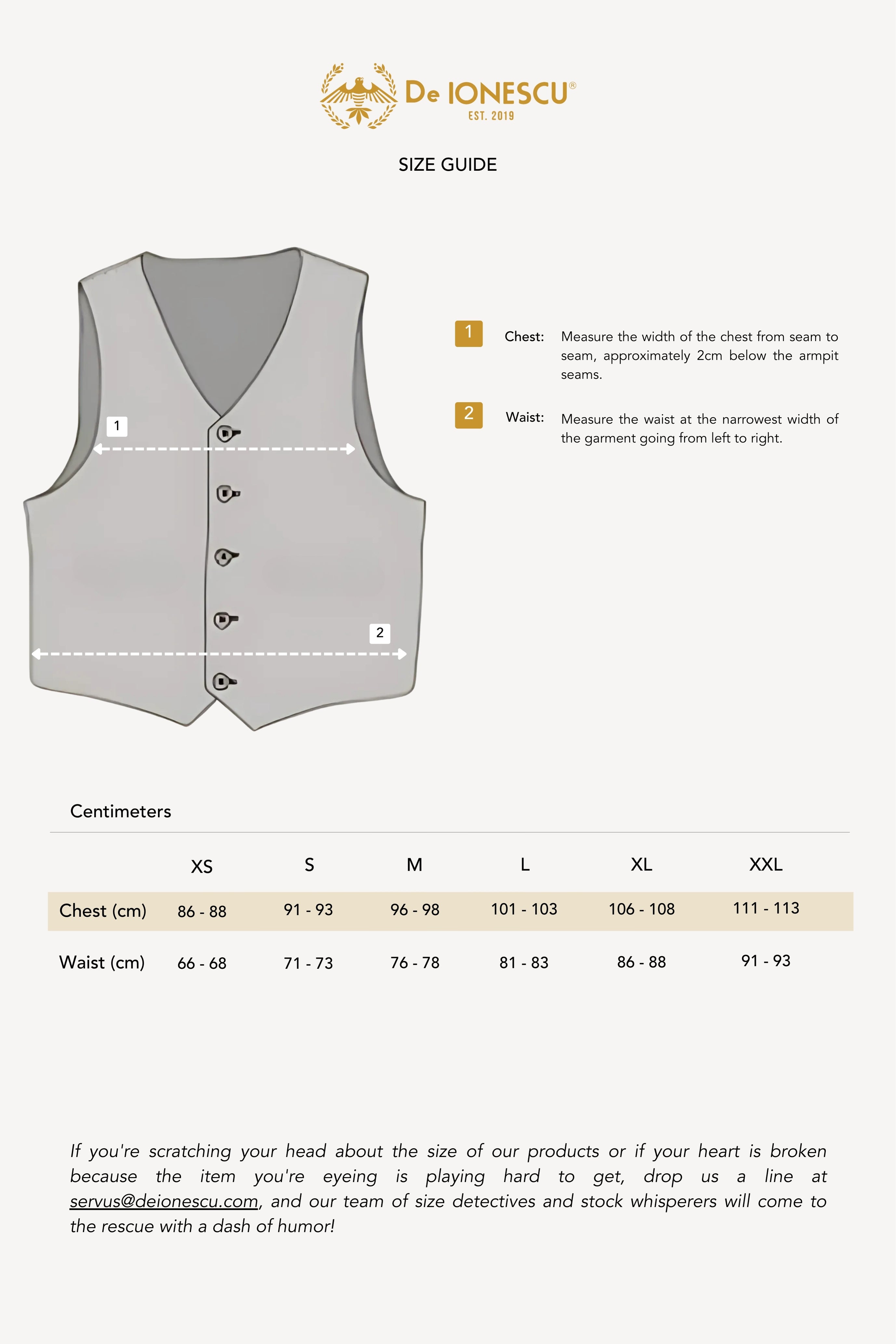 Figa waistcoat sizing guide measurements