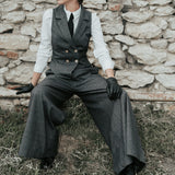 The "Palazzo" Wool Trousers - Charcoal Grey Check