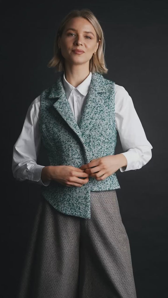 Teal wool tweed vest side profile tailored layer
